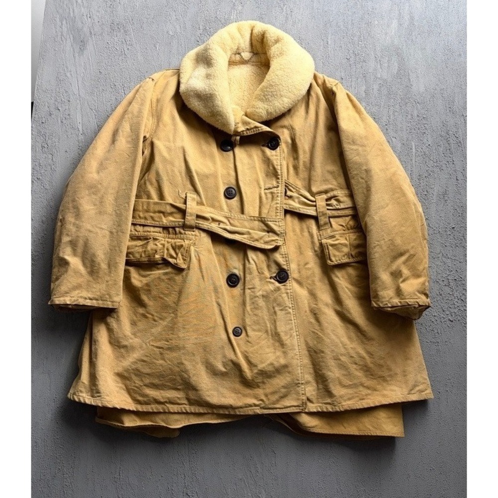 Vintage Canadian Army Jeep Coat Medium Beige 1940s WW2 Shearling Collar